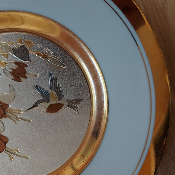 Chokin Art 24kt Gold Rim 6.5" Plate Hummingbird and Flowers - Picture 3 of 6